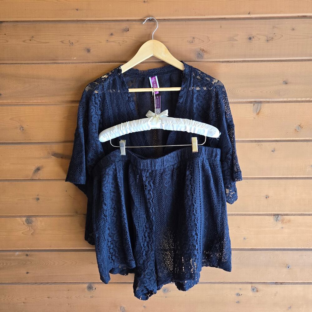 Adore Me Set Nika NWT 2X Lace Cover Up Top Shorts Pajama Swim Swimwear Black - Picture 2 of 7